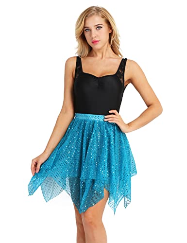 iiniim Falda Corta Polka Dots para Danza Balie Latino Moderno Ballet Mujer Lunares Lentejuela Brillante Cintura Elástica Ropa Deportiva Traje Profesional para Chica Bailarín Azul Claro Talla única