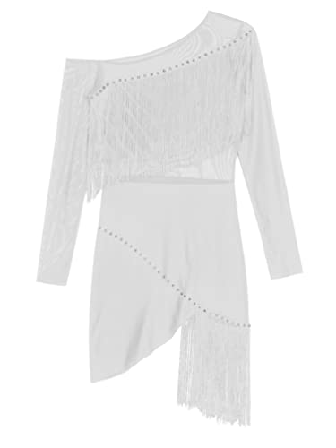 iiniim Vestido de Baile Latino con Flecos Borlas Mujer Vintage Vestido de Danza Rumba Tango Salsa Samba Manga Larga Traje de Baile de Salón A Blanco S