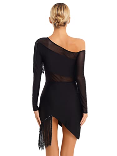 iiniim Vestido de Baile Latino con Flecos Borlas Mujer Vintage Vestido de Danza Rumba Tango Salsa Samba Manga Larga Traje de Baile de Salón A Negro S