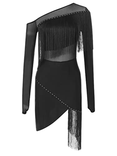 iiniim Vestido de Baile Latino con Flecos Borlas Mujer Vintage Vestido de Danza Rumba Tango Salsa Samba Manga Larga Traje de Baile de Salón A Negro S