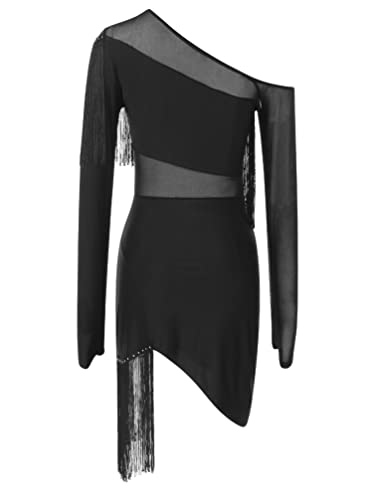 iiniim Vestido de Baile Latino con Flecos Borlas Mujer Vintage Vestido de Danza Rumba Tango Salsa Samba Manga Larga Traje de Baile de Salón A Negro S