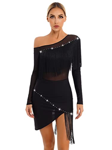 iiniim Vestido de Baile Latino con Flecos Borlas Mujer Vintage Vestido de Danza Rumba Tango Salsa Samba Manga Larga Traje de Baile de Salón A Negro S