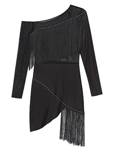 iiniim Vestido de Baile Latino con Flecos Borlas Mujer Vintage Vestido de Danza Rumba Tango Salsa Samba Manga Larga Traje de Baile de Salón A Negro S