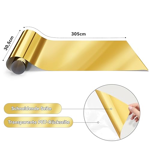 IModeur vinilo textil Metálico Oro cromado - 30,5 x 305 cm vinilo Oro cromado para Cricut Maker, Silhouette Cameo, vinilo textil termoadhesivo para ropa, gorras, pantalones, otros tejidos