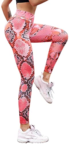 In One Clothing Leggings deportivos para mujer, cintura alta, pantalones de yoga, pantalones largos de deporte, pantalones largos con estampado de serpiente., Rosa., M