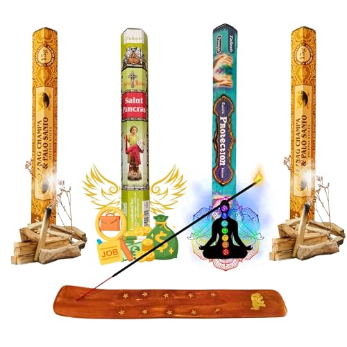 Incienso Pack de 80 Stiks Varillas para Quemar Palo Santo 2, San Pancracio, Proteccion, Relajación Meditación Aromaterapia SPA Yoga Ambientador Ritual de Bienestar Incluye Tabla Quemador de Incienso