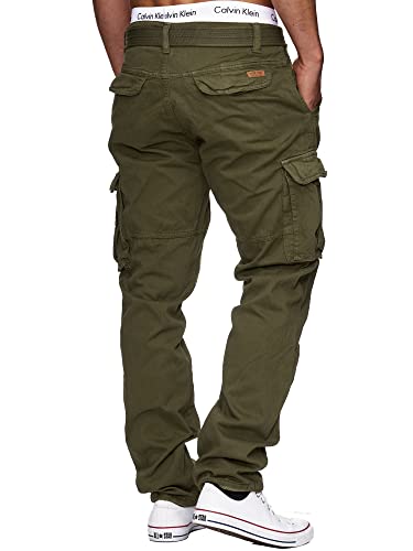 Indicode Hombres William Pantalones Cargo de algodón con 7 Bolsillos, cinturón Incluido Army Medium