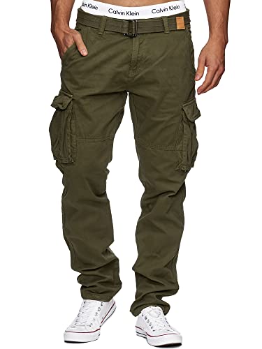 Indicode Hombres William Pantalones Cargo de algodón con 7 Bolsillos, cinturón Incluido Army Medium