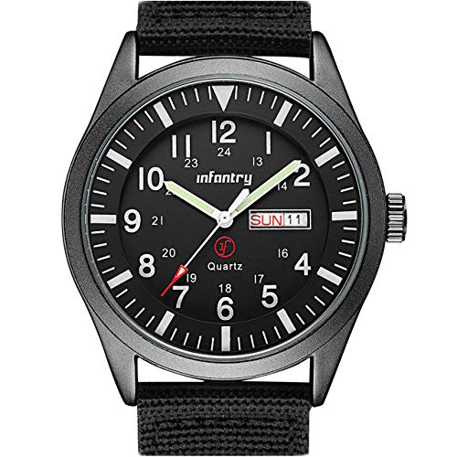 Infantry Reloj militar resistente al agua 5ATM con fecha y día de la semana, reloj deportivo para hombre, correa de nailon negro, Negro , Correa