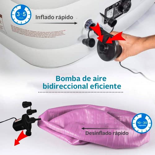 Inflador Eléctrico 240V AC / 12V DC - Hinchador Electrico con 3 Boquillas y 2 Enchufes para Casa y Coche - Bomba de Aire 2 en 1 Inflador y Desinflador para Piscinas Hinchables, Colchones Inflables