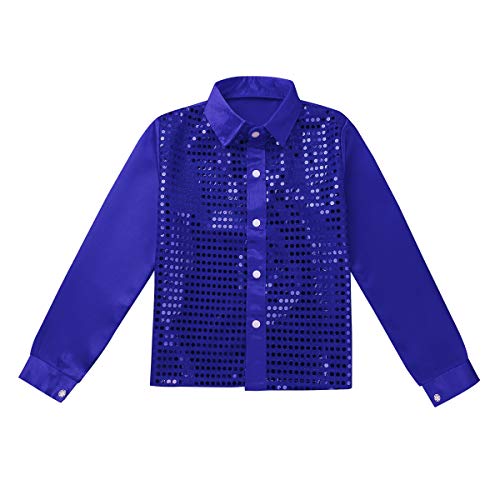 inhzoy Camisa de Baile Latino para Niño Top de Danza Lentejuelas Manga Larga Ropa de Baile de Salón Traje de Danza Jazz Disfraz Dancewear Azul 12-14 Años