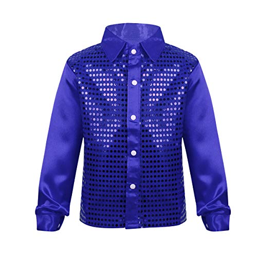 inhzoy Camisa de Baile Latino para Niño Top de Danza Lentejuelas Manga Larga Ropa de Baile de Salón Traje de Danza Jazz Disfraz Dancewear Azul 12-14 Años