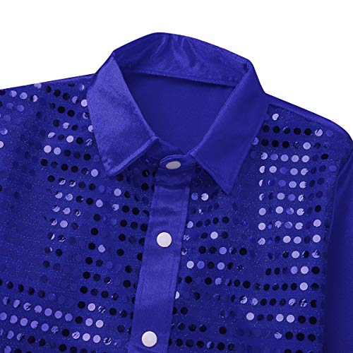 inhzoy Camisa de Baile Latino para Niño Top de Danza Lentejuelas Manga Larga Ropa de Baile de Salón Traje de Danza Jazz Disfraz Dancewear Azul 12-14 Años