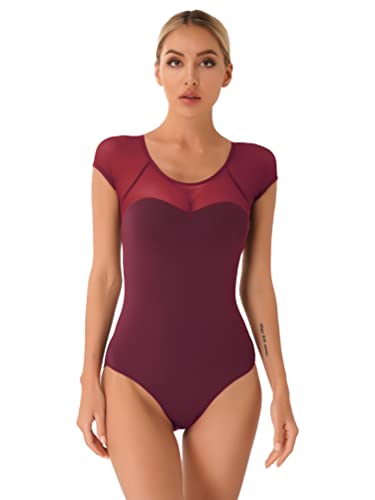 inhzoy Maillot Gimnasia Ritmica Mujer Manga Corta Leotardo Deportivo de Malla Maillot Elastico de Malla Disfraz Danza Ballet para Mujer S-XXL Rojo S