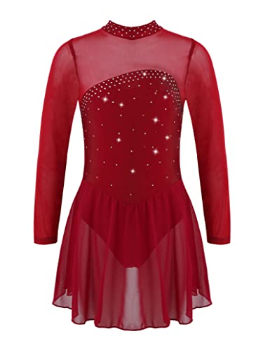 inlzdz Maillot de Danza para Niñas Manga Larga Maillot de Patinaje Artístico Competición con Falda Leotardo Ballet Gimnasia Disfraz de Bailarina C Borgoña 14 años