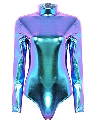 inlzdz Mujer Maillot Metálico Brillante Body Cuello Alto Manga Larga con Cremallera Mono Atractivo Leotardo Gimnasia Azul M