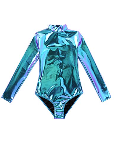 inlzdz Mujer Maillot Metálico Brillante Body Cuello Alto Manga Larga con Cremallera Mono Atractivo Leotardo Gimnasia Azul M