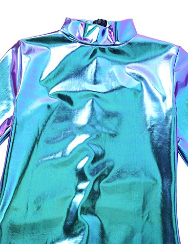 inlzdz Mujer Maillot Metálico Brillante Body Cuello Alto Manga Larga con Cremallera Mono Atractivo Leotardo Gimnasia Azul M