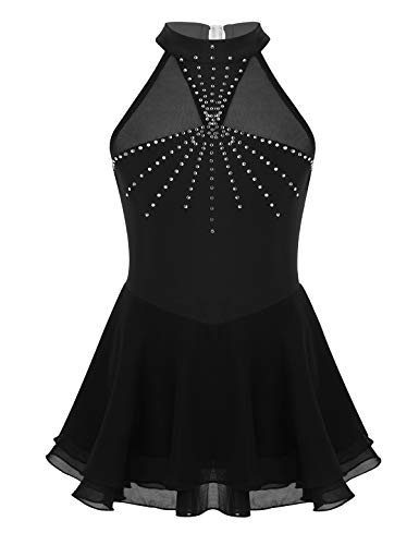 inlzdz Vestido Patinaje Artistico Maillot para Niña Traje Deportiva Elástica de Patinaje Maillots de Danza Ballet con Falda Irregular 6-14 Años Negro C 12 años