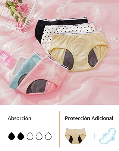 INNERSY Bragas Menstruales Niña Ropa Interior Protección Algodón Braguitas Regla 8-16 Años Pack de 3 (10-12 Años, Brillante)