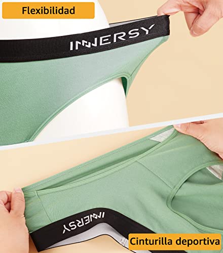 INNERSY Bragas Mujer Algodón Cómoda y Respirable de Braguitas Elasticidad con Faja Ropa Interior Mujer Sexy Pack de 6 (XL, Verde + Marrón + Blanco + Morado + Rosa + Azul con Negro Faja)