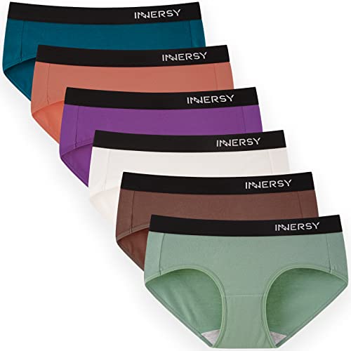 INNERSY Bragas Mujer Algodón Cómoda y Respirable de Braguitas Elasticidad con Faja Ropa Interior Mujer Sexy Pack de 6 (XL, Verde + Marrón + Blanco + Morado + Rosa + Azul con Negro Faja)