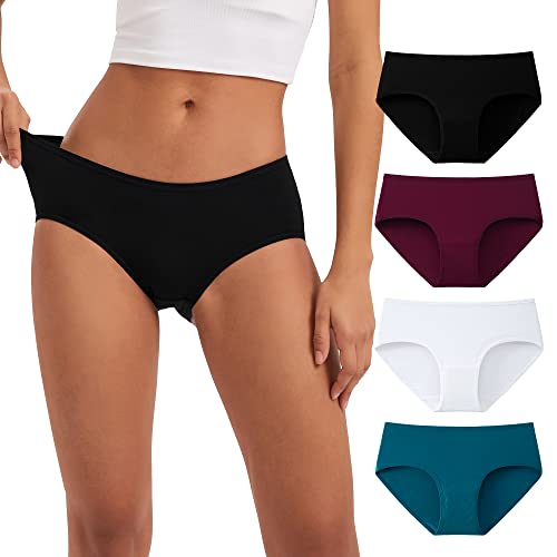 INNERSY Bragas Mujer Algodon Elástico Lote Braguitas Hipster Ropa Interior Cintura Media 4 Pack (L, Negro+Blanco+Azul+Rojo Oscuro)