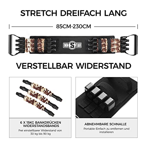 INNSTAR Bandas de resistencia de press de banca portátiles, con barra, ajustables Banch Press, con barra de fitness de 96 cm, espalda, bíceps y músculos pectorales (CamoBraun-90 kg)