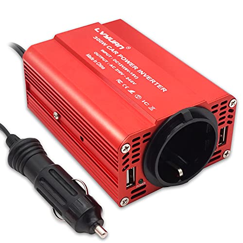 Inversor De Corriente 300W para Coche, Cantonape Transformador De 12v A 220v, Inversor con 1 Toma Enchufe Y 2 Puertos USB De 5V/2.4A para Phone, Pad Y Tableta