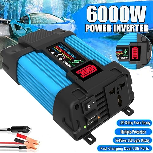 Inversor de corriente para automóvil de 6000 W, CC de 12 V a CA 110/220 V, pantalla LCD de onda sinusoidal pura con 2 USB, inversor de corriente para automóvil de onda sinusoidal pura para camión, bar