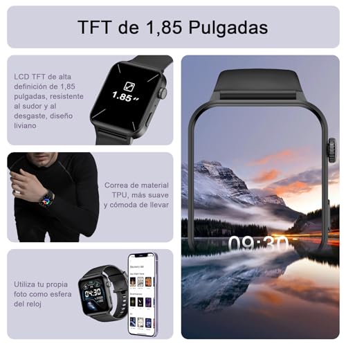 IOWODO R30Pro Reloj Inteligente Hombre Mujer,Smartwatch,1.85" con Funciún Llamadas y Whatsapp Mensajes Bluetooth 5.0, 100 Modos Deporte para iOS Android Teléfono (Negro)