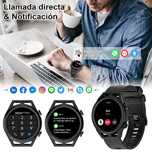 IOWODO R8Pro Smartwatch,Reloj Inteligente Hombre Mujer con Llamada Bluetooth y Whatsapp Mensajes Notificación,1.39" Smart Watch Redondo con SpO2 Sueño Pulsómetro Podómetro para iOS Android(2 Correas)