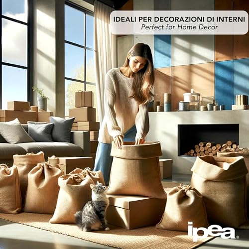 IPEA Bolsa de Yute de Grandes Dimensiones – 80 x 50 cm – Made in Italy – 1 Unidad – Saco de Yute Tejido Natural para Manualidades, Decoración, Jardín, Fiestas, Bricolaje, Caja de Objetos