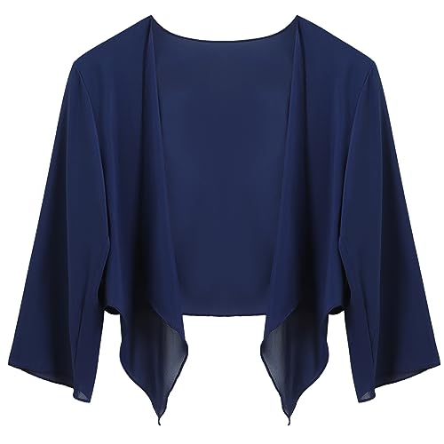 Irevial Cardigan de Gasa Mujer 3/4 Manga Elegante Bolero Shrug Chiffon Chaqueta Chal Ligero Torera Transparente para Primavera Verano Azul Marino, XL