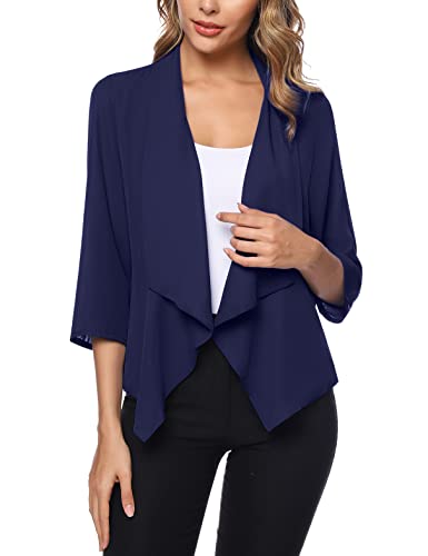 Irevial Cardigan Mujer Gasa Primavera Chaqueta Gasa con Frente Abierto Mujer 3/4 Mangas Verano Rebecas Bolero Fiesta Torera Chiffon Boda Verano Azul Real, S