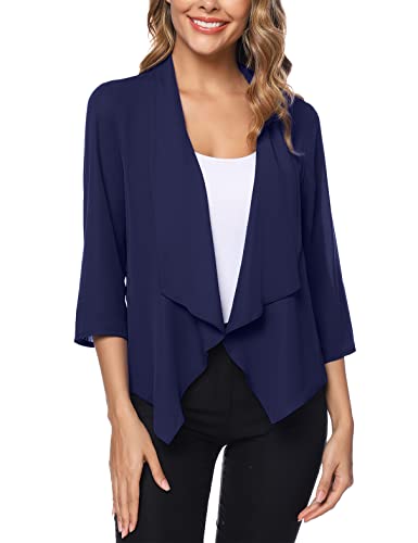 Irevial Cardigan Mujer Gasa Primavera Chaqueta Gasa con Frente Abierto Mujer 3/4 Mangas Verano Rebecas Bolero Fiesta Torera Chiffon Boda Verano Azul Real, S