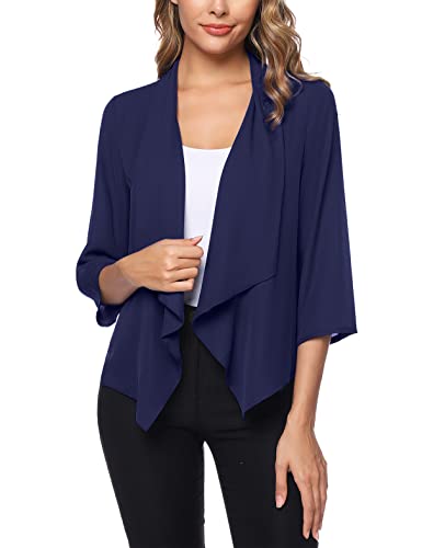 Irevial Cardigan Mujer Gasa Primavera Chaqueta Gasa con Frente Abierto Mujer 3/4 Mangas Verano Rebecas Bolero Fiesta Torera Chiffon Boda Verano Azul Real, S