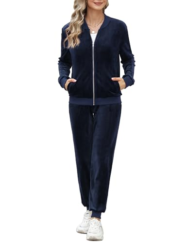 Irevial Chandal Mujer Completo de Terciopelo, Trajes de Manga Larga Chaquetas con Cremallera y Cuello V y Pantalones Largo, Conjunto Chándal Elegante Moda, Pijamas Invierno Azul Real, M