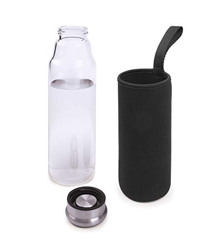 Iris barcelona - Botella de Cristal con Funda Neopreno, Botella Reutilizable con Tapón de Acero Inox y Asa, 550 ml Negro