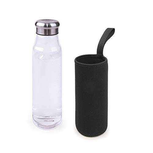 Iris barcelona - Botella de Cristal con Funda Neopreno, Botella Reutilizable con Tapón de Acero Inox y Asa, 550 ml Negro