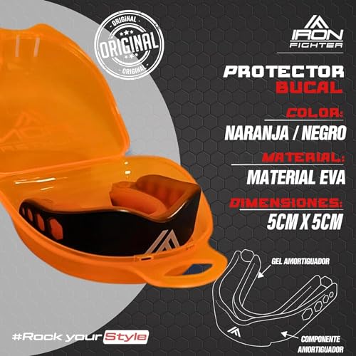 IRON FIGHTER Protector Bucal Boxeo Adultos Naranja/Negro - Protector Dientes de Gel Adaptable Cómodo, Protector Bucal Artes Marciales Boxeo Inglés MMA Rugby Hockey Judo Lucha Karate BJJ Kick Boxing