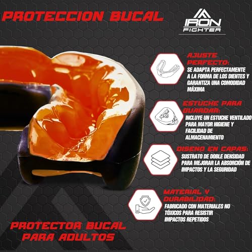 IRON FIGHTER Protector Bucal Boxeo Adultos Naranja/Negro - Protector Dientes de Gel Adaptable Cómodo, Protector Bucal Artes Marciales Boxeo Inglés MMA Rugby Hockey Judo Lucha Karate BJJ Kick Boxing