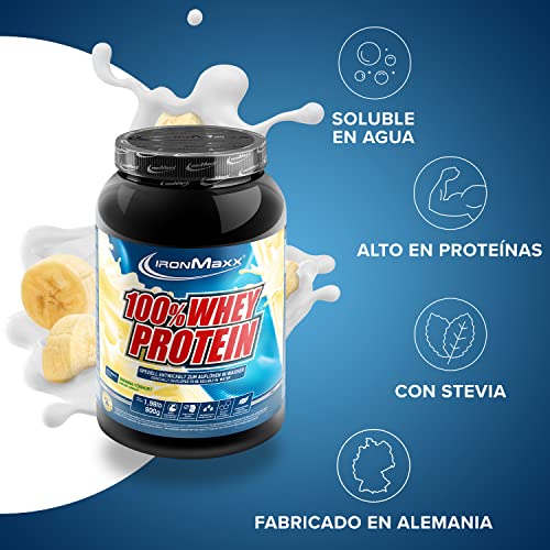 IronMaxx 100% Proteína de suero en polvo - yogur de plátano bote de 900g| proteína en polvo a base de proteína de suero de leche soluble en agua, reducida en azúcar | muchos sabores diferentes