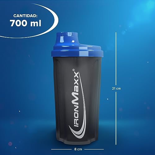 IronMaxx Protein Shaker- azul/gris 700ml | Mezclador de proteínas con tapa de rosca, tamiz & escala de medición | a prueba de fugas, apto para lavavajillas y sin plastificantes BPA ni DEHP