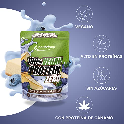 IronMaxx Proteína 100% Vegana Cero - cheesecake de arándanos de 500g |proteína vegana en polvo de 4 componentes y sin azúcar|proteína en polvo sin aspartamo