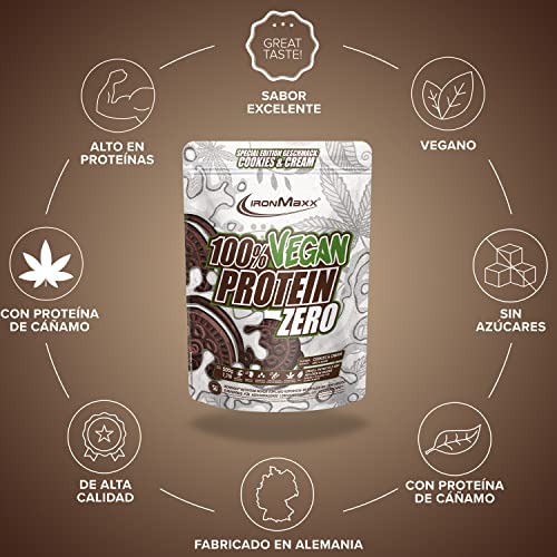 IronMaxx Proteína 100% Vegana Cero - galletas & crema bolsa de 500g |proteína vegana en polvo de 4 componentes y sin azúcar|proteína en polvo sin aspartamo