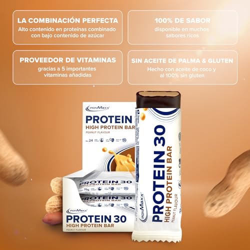 IronMaxx Proteína 30 barrita proteica- cacahuetes 24 x 35g | barrita proteica sin aceite de palma y sin gluten con vitaminas | adecuado para una alimentación baja en azúcar y carbohidratos