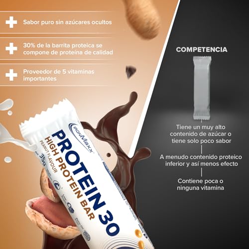 IronMaxx Proteína 30 barrita proteica- cacahuetes 24 x 35g | barrita proteica sin aceite de palma y sin gluten con vitaminas | adecuado para una alimentación baja en azúcar y carbohidratos