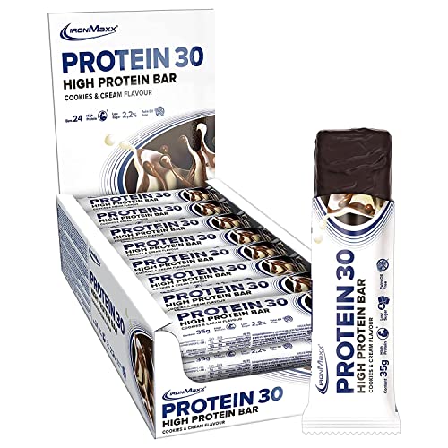 IronMaxx Proteína 30 barrita proteica- galletas y crema 24 x 35g | barrita proteica sin aceite de palma y sin gluten con vitaminas | adecuado para una alimentación baja en azúcar y carbohidratos