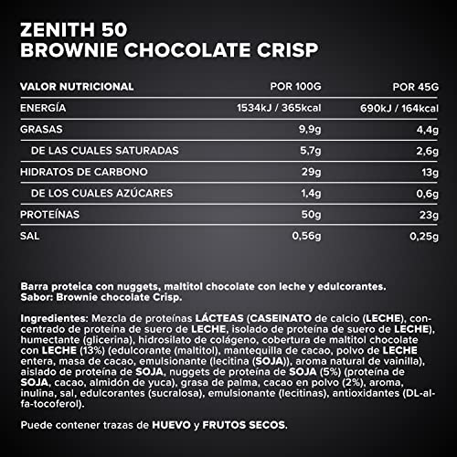 IronMaxx Zenith 50 Barrita proteica - brownie chocolate crisp 16 x 45g |barrita proteica con 50% de proteínas | bajo en carbohidratos, bajo en azúcar con aminoácidos importantes